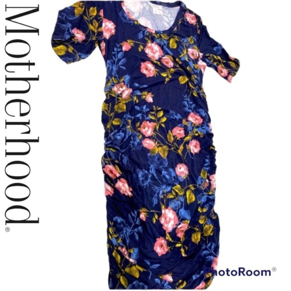 MOTHERHOOD, maternity floral, blue, and pink long dress with ruched sides large